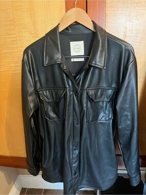 Stoosh Black Faux Leather Button-Front Shirt Jacket